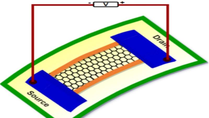 Representative image of a Xene placed between two contacts on a flexible substrate. Credits: Authors of the study